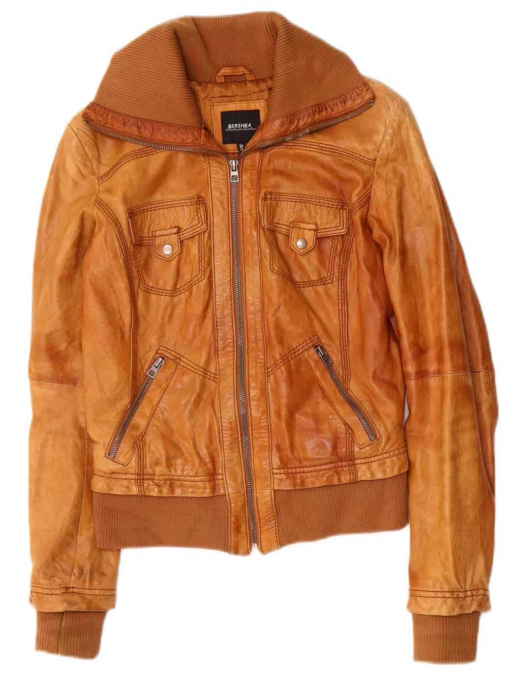 Jaqueta de couro feminina BERSHKA UK 12 couro marrom médio