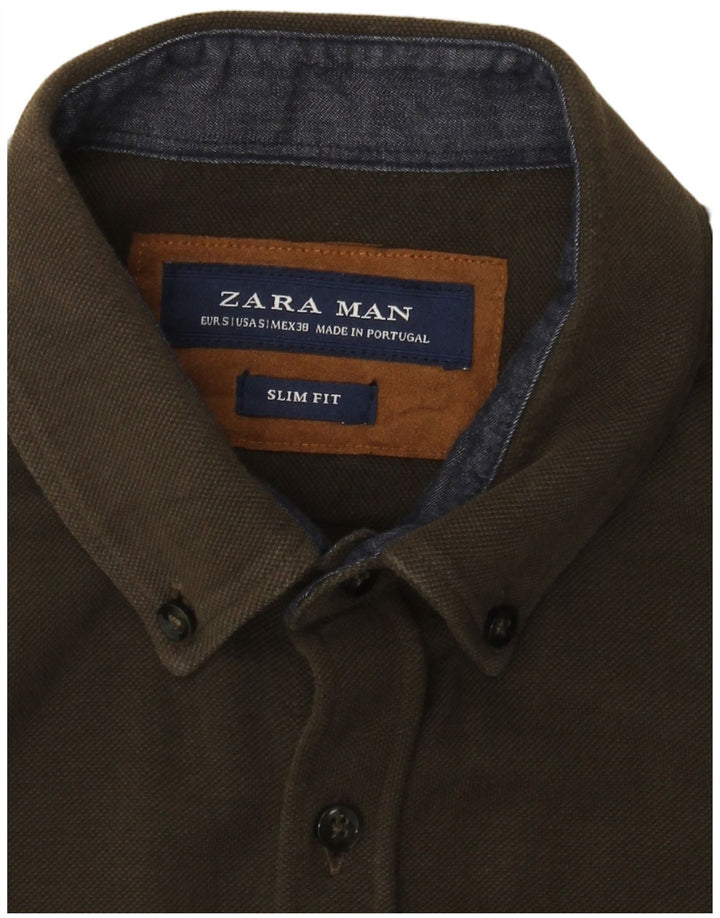 Camisa masculina Zara Slim Fit pequena cáqui