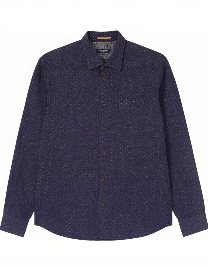 Camisa masculina Ted Baker tamanho 4 grande algodão manchado azul marinho