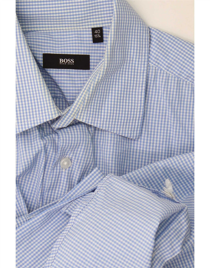 Camisa masculina Hugo Boss tamanho 40 15 3/4 médio azul guingão