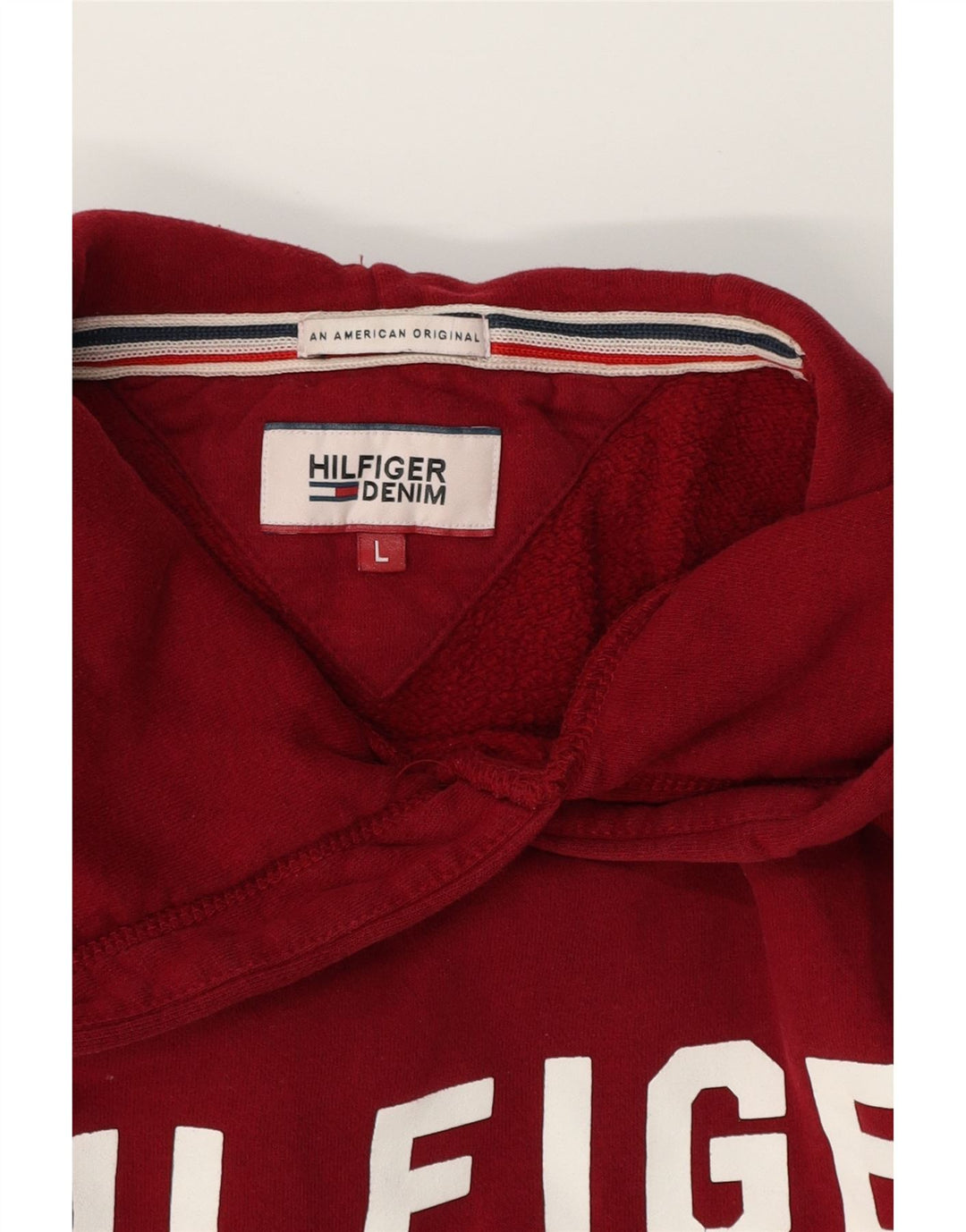 TOMMY HILFIGER Mens Graphic Hoodie Jumper Large Burgundy Cotton Vintage Tommy Hilfiger and Second-Hand Tommy Hilfiger from Messina Hembry 