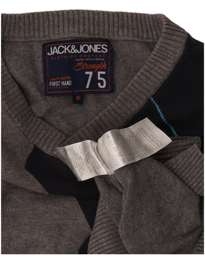 Suéter masculino Jack & Jones com decote em V, algodão colorblock cinza médio
