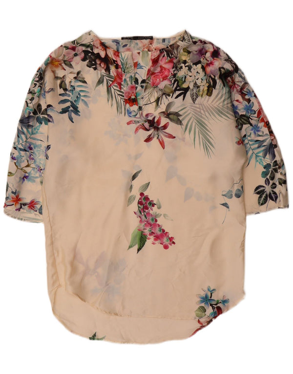 Zara Túnica feminina oversized manga 3/4 UK 10 pequena off white floral