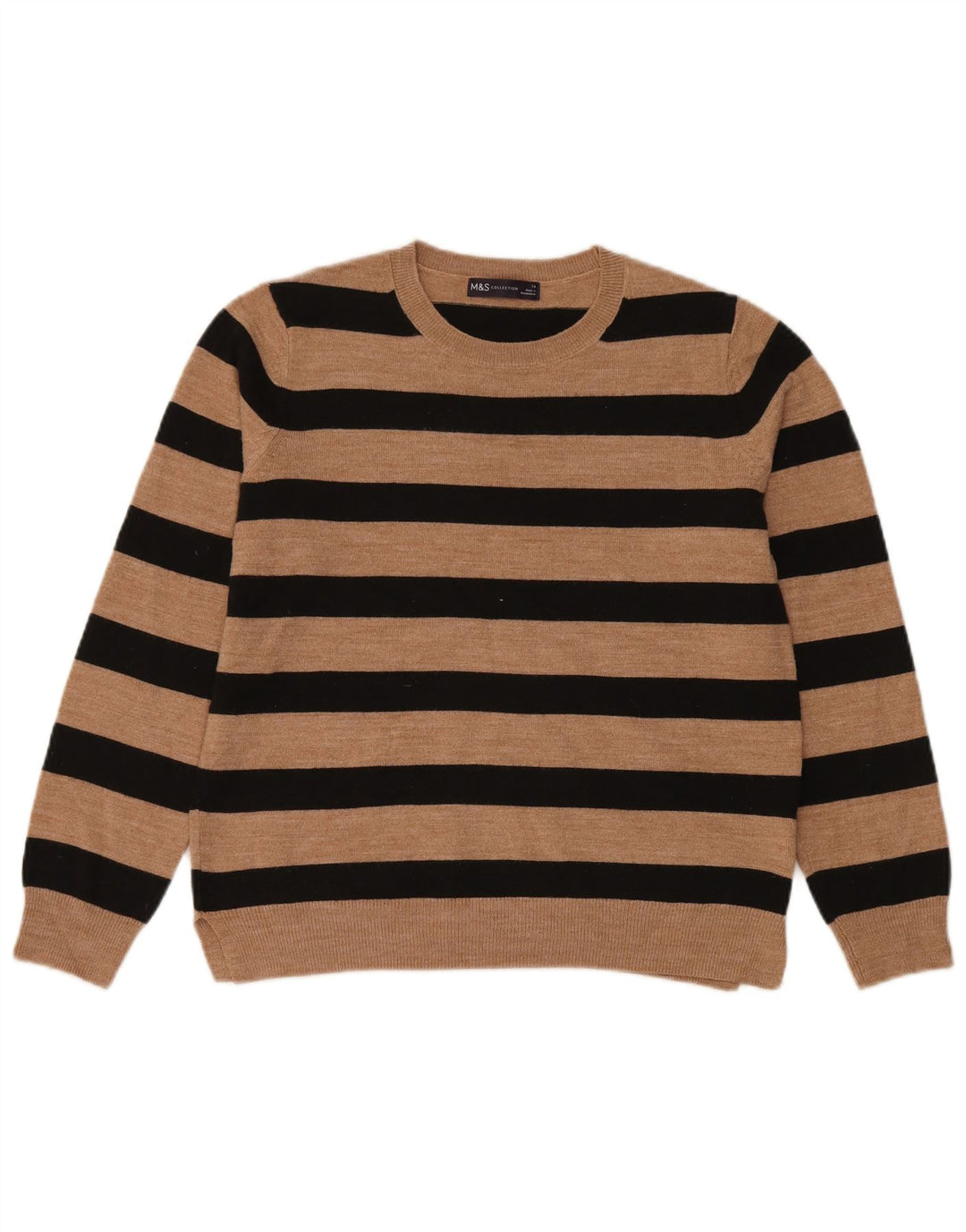 Suéter feminino Marks & Spencer com gola redonda Reino Unido 14 listrado marrom médio
