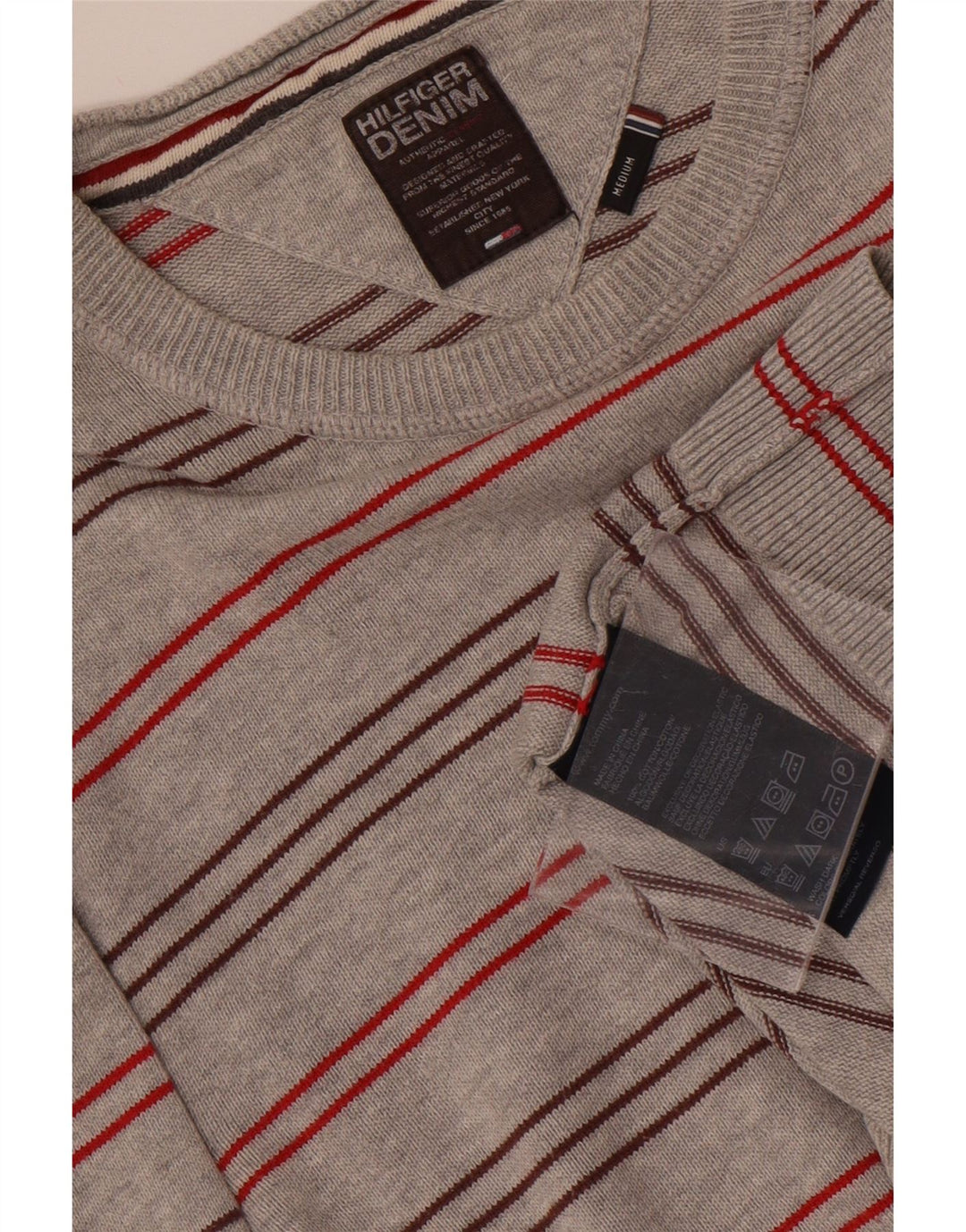 Suéter masculino TOMMY HILFIGER com gola redonda e algodão listrado cinza médio