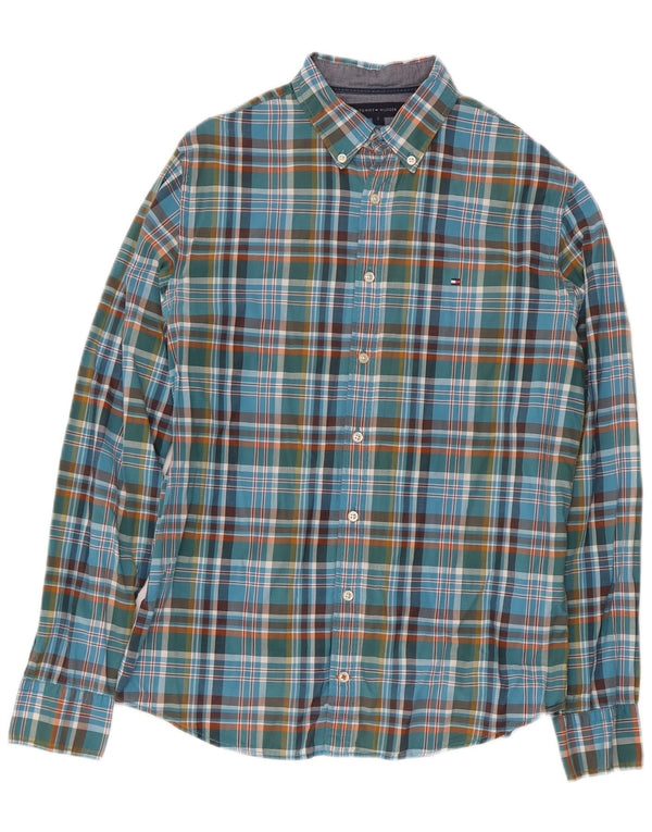 Camisa masculina Tommy Hilfiger New York Fit pequena azul xadrez de algodão