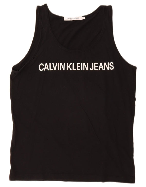 Calvin Klein Jeans feminino colete gráfico top UK 16 grande algodão preto
