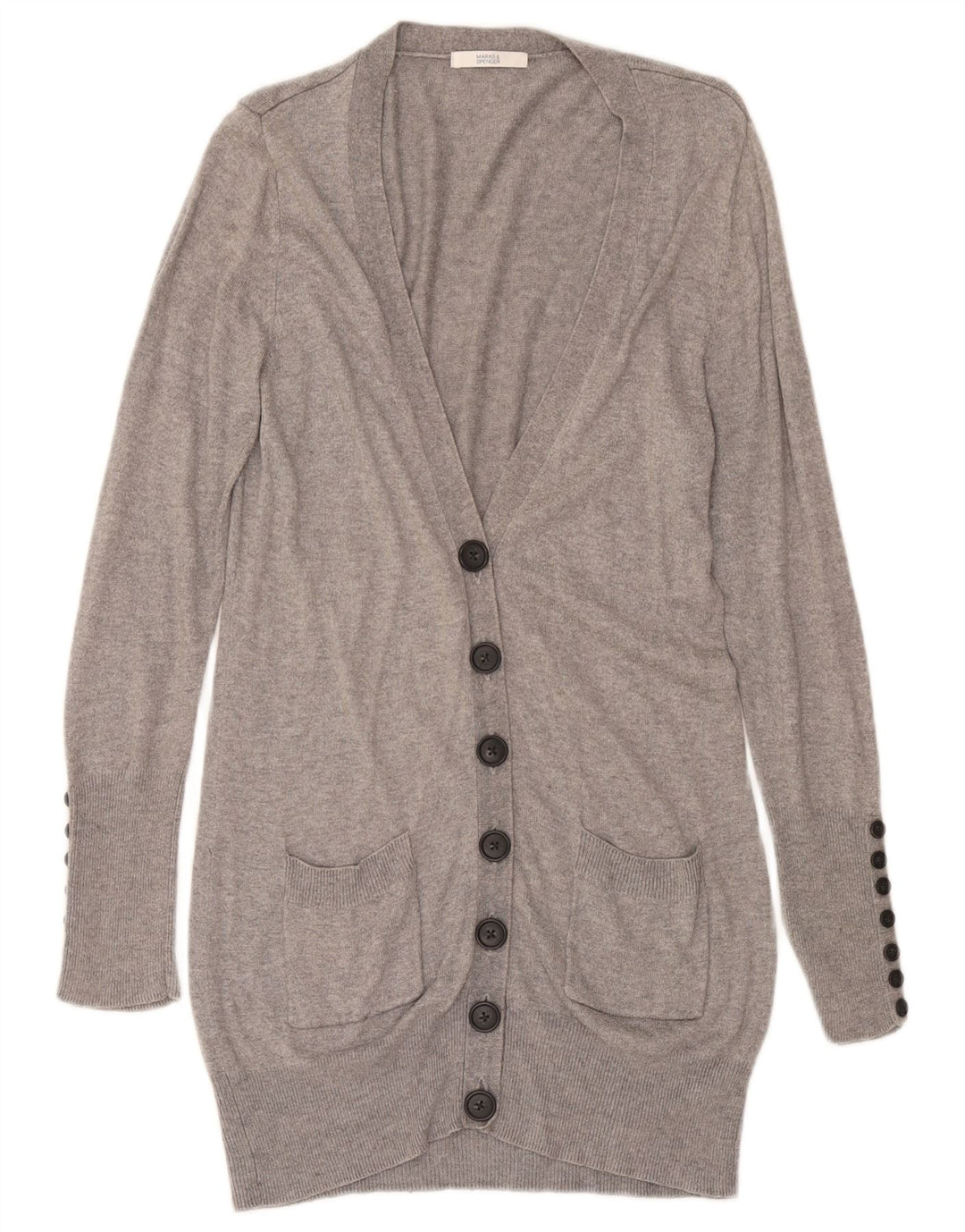 Suéter cardigã feminino Longline da Marks & Spencer Reino Unido 12 cinza médio manchado