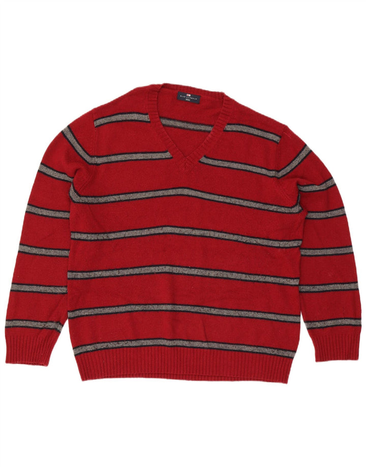 Suéter masculino Marks & Spencer Blue Harbor com decote em V grande listrado vermelho