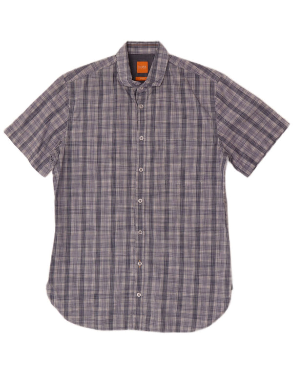 Camisa masculina Hugo Boss manga curta slim fit algodão xadrez azul médio