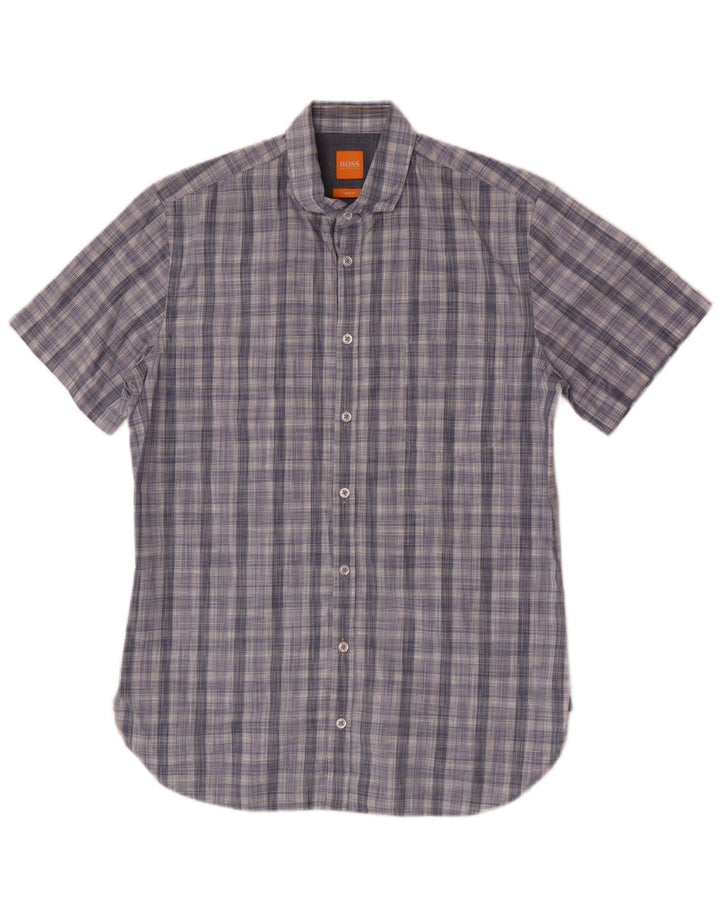 Camisa masculina Hugo Boss manga curta slim fit algodão xadrez azul médio