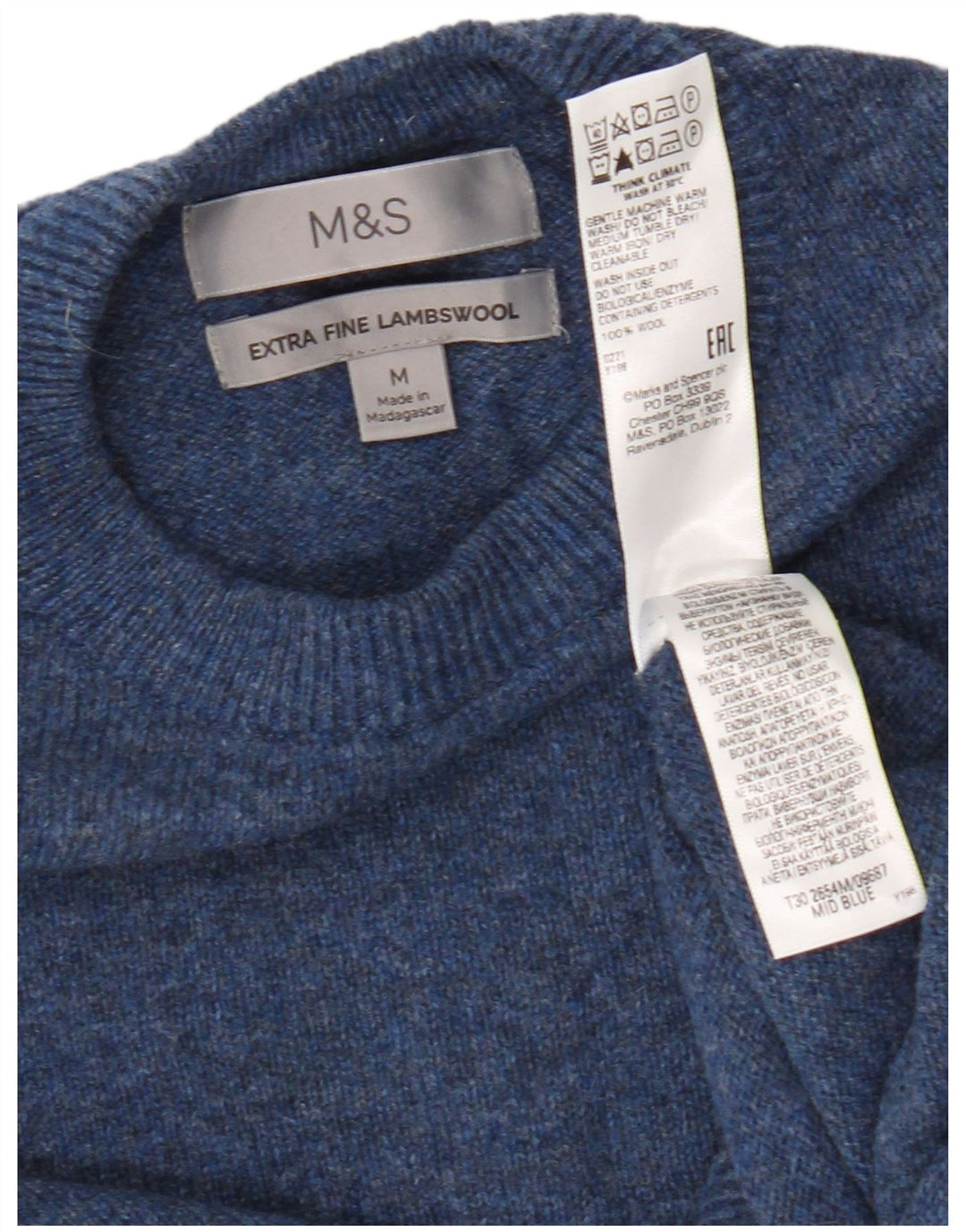 Suéter masculino Marks & Spencer com gola redonda de lã azul médio