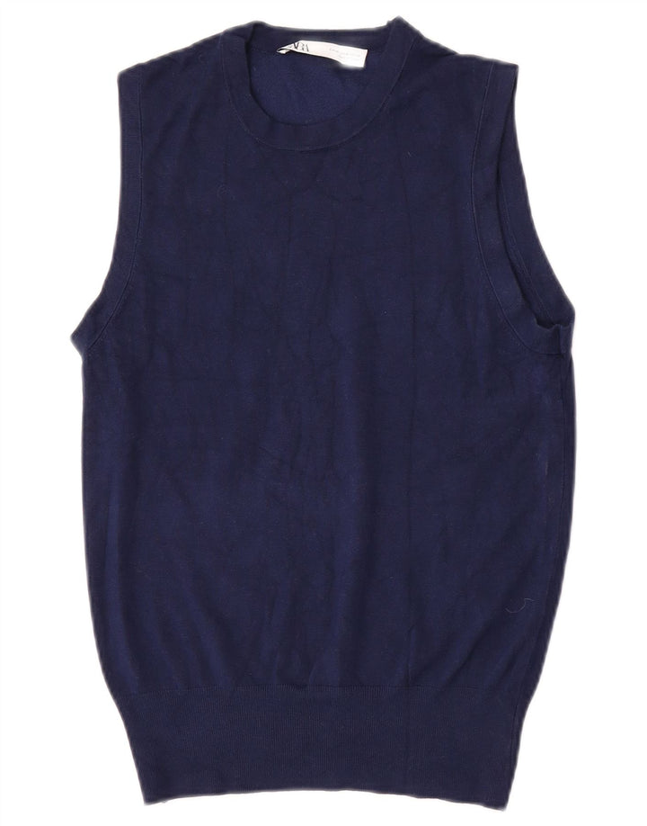 Zara Womens Vest Tank Top UK 12 Médio Azul Marinho Viscose