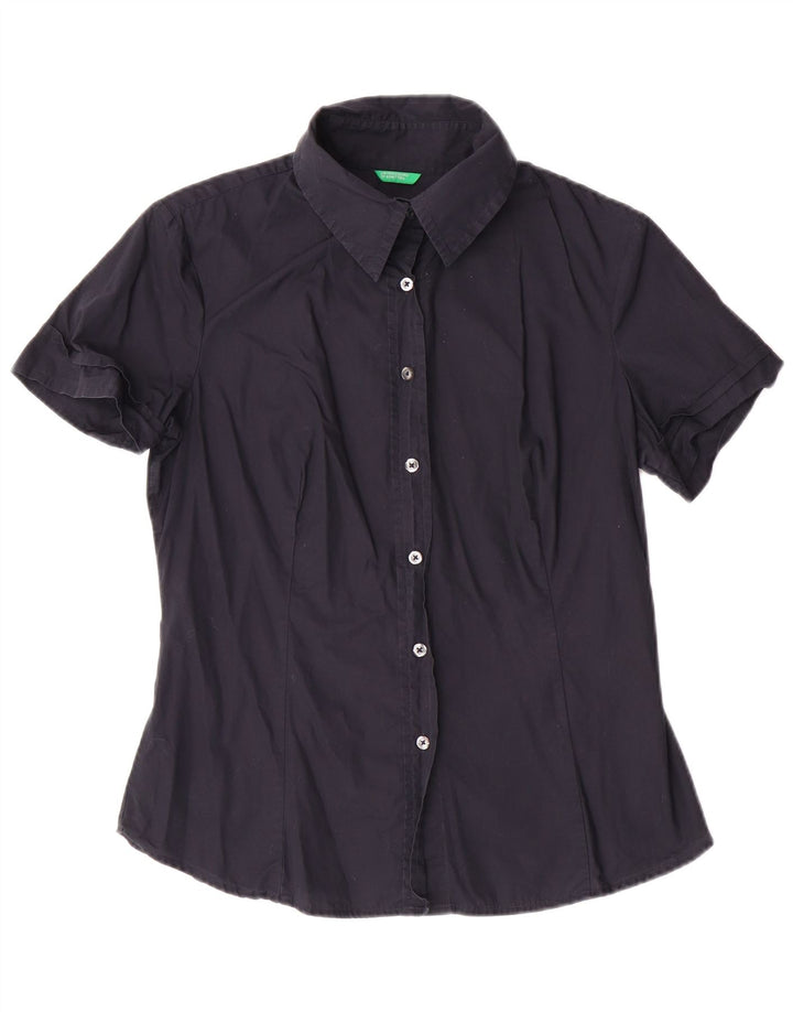 Camisa feminina de manga curta BENETTON Reino Unido 14 grande algodão azul marinho