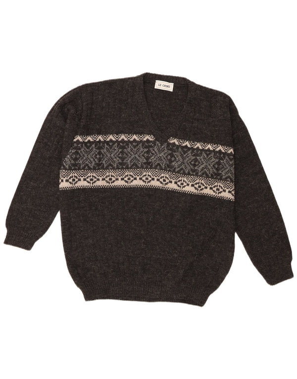Suéter masculino vintage com decote em V XL cinza Fair Isle Wool