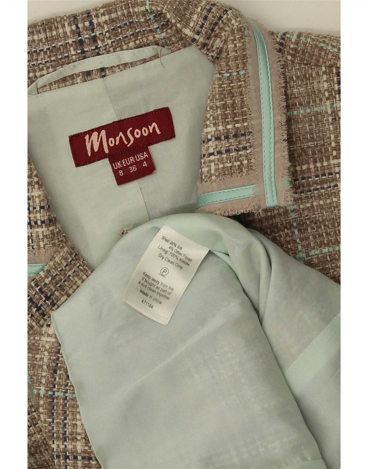 Jaqueta blazer feminina Monsoon com 3 botões Reino Unido 8 pequena seda xadrez verde