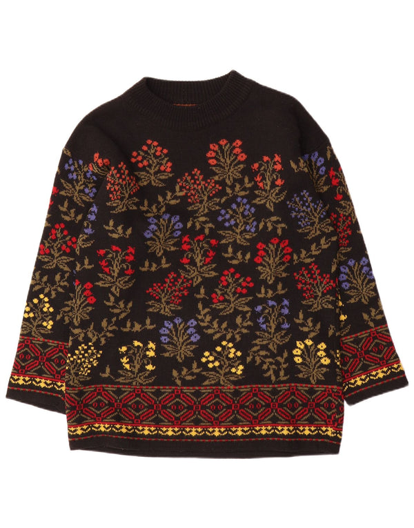 Suéter feminino vintage com gola redonda e palangre UK 16 grande preto floral