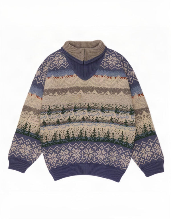 Suéter masculino vintage com zíper e gola média multicolorido Fair Isle