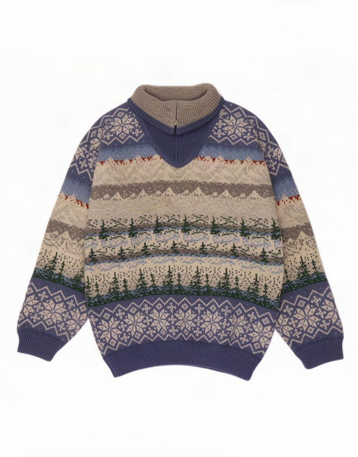 Suéter masculino vintage com zíper e gola média multicolorido Fair Isle