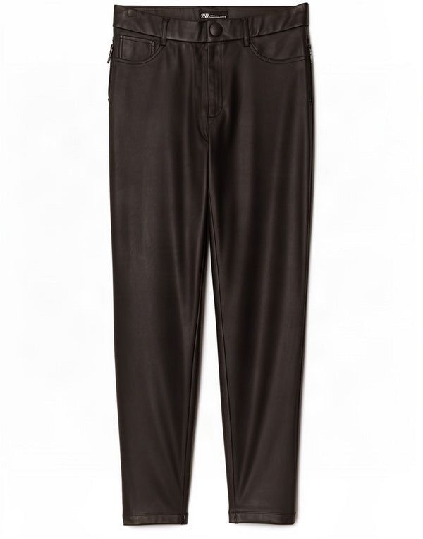 Calça feminina skinny de couro sintético Zara XL W32 L28 poliéster preto