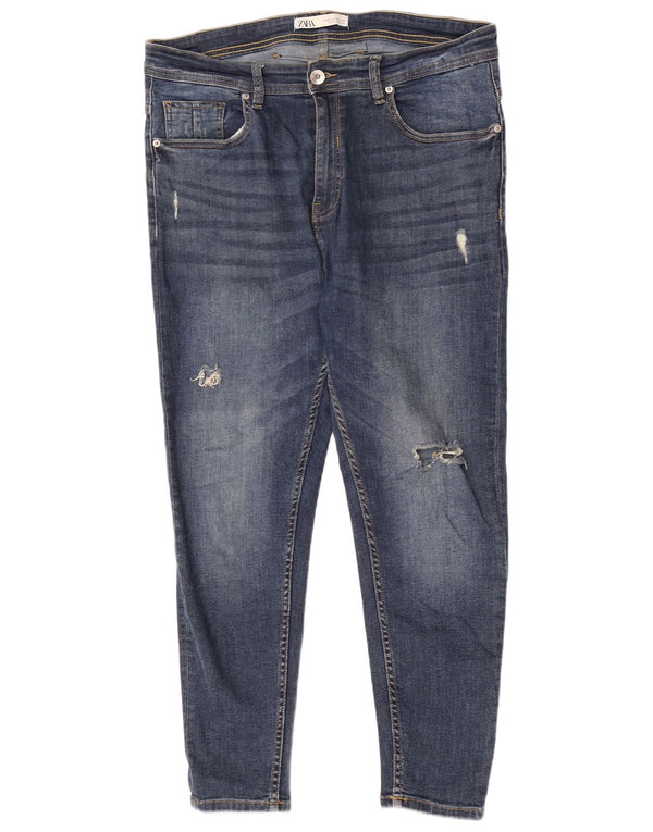 Zara Calça jeans skinny cortada masculina desgastada UE 44 grande W34 L26 algodão azul