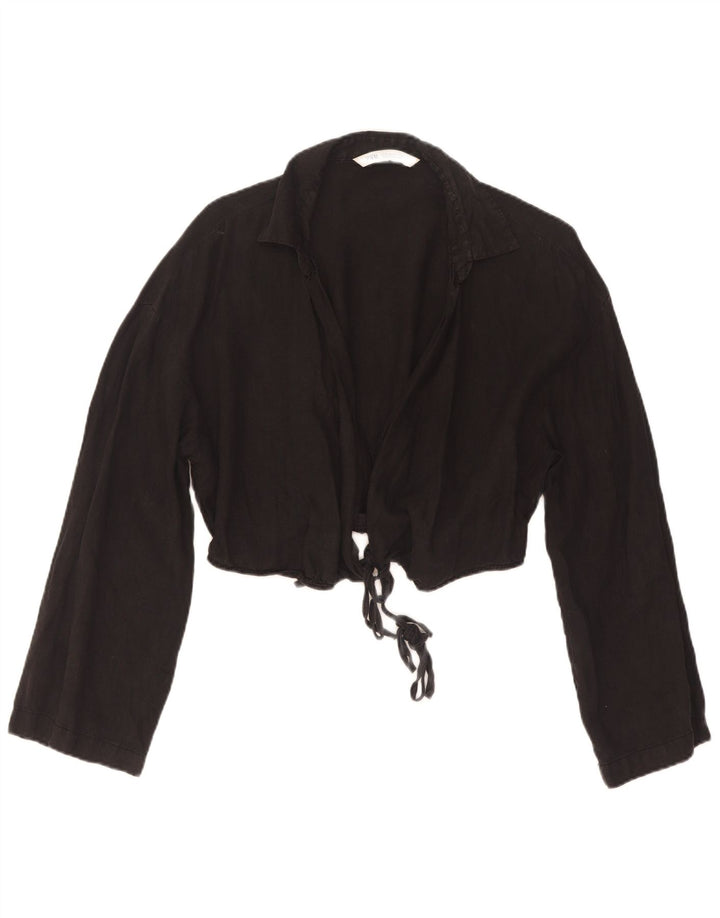 Blusa feminina Zara Crop Wrap Shirt UK 12 Médio Preto