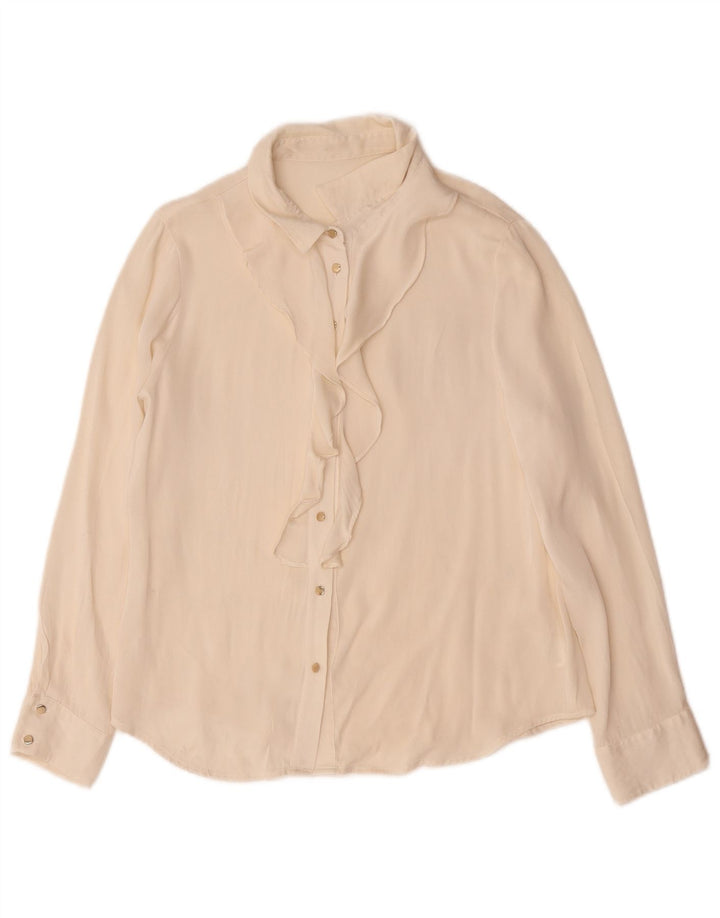Blusa feminina vintage com babados na frente UK 12 médio branco