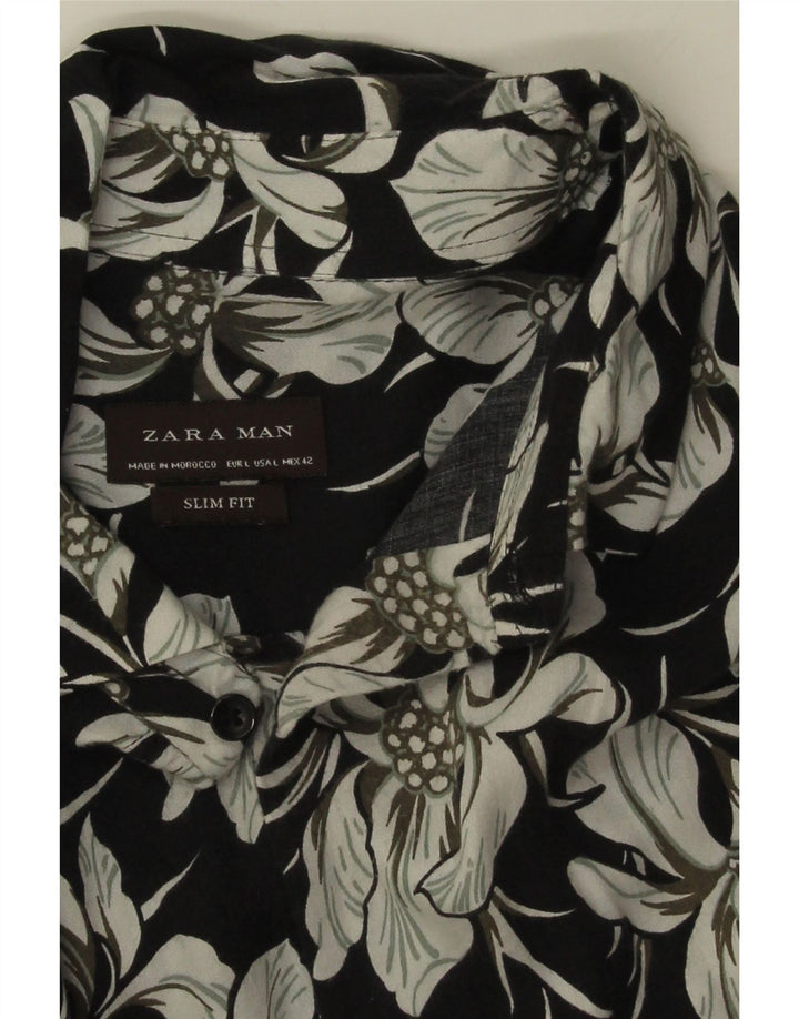Zara Camisa masculina Slim Fit grande preta floral