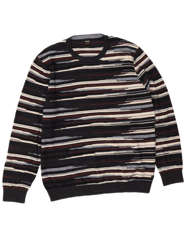 Suéter masculino Hugo Boss com gola redonda 2XL algodão listrado azul marinho