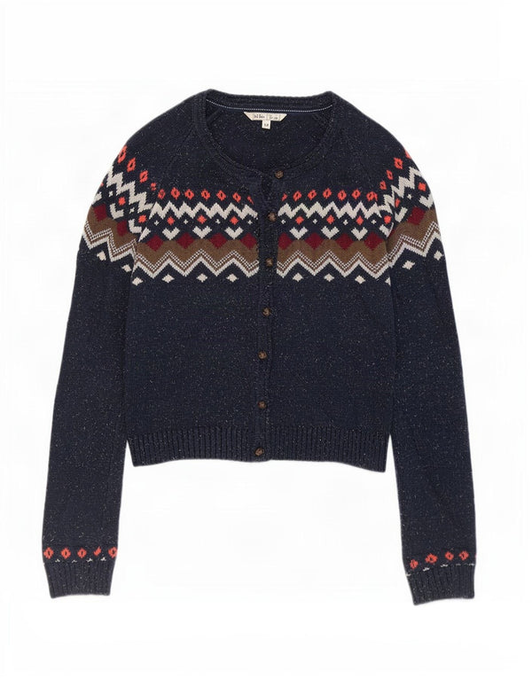 Suéter cardigã feminino Fat Face Reino Unido 12 médio azul marinho Fair Isle algodão