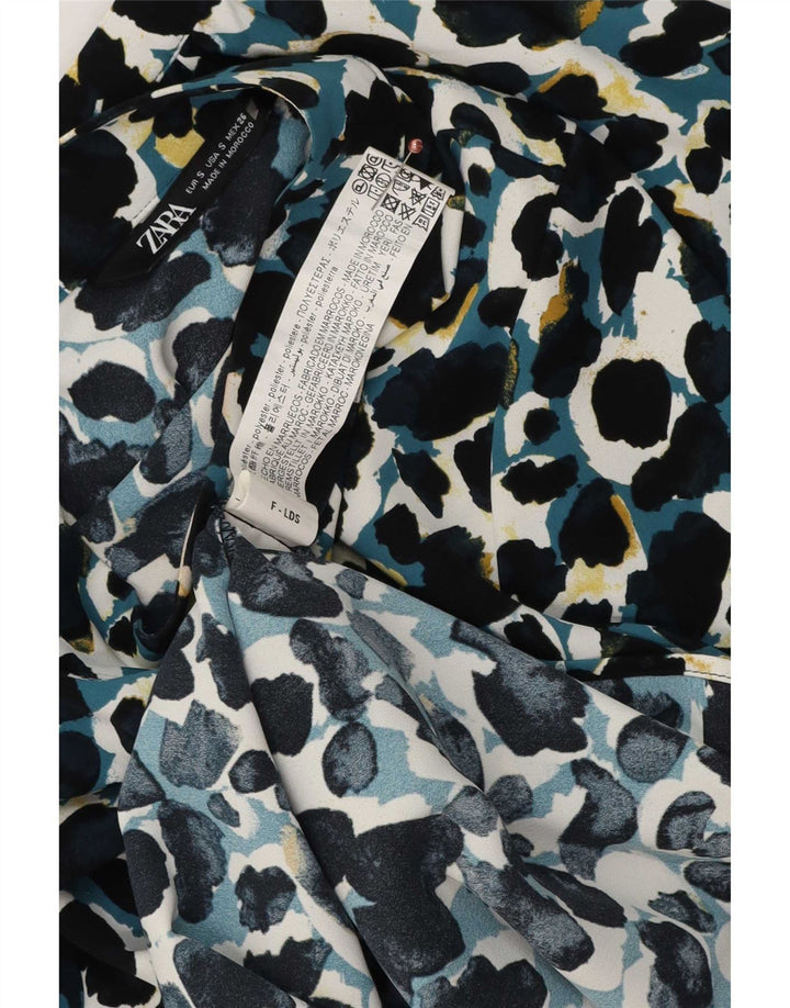 Blusa feminina Zara com gravata frontal UK 10 pequena estampa animal multicolorida