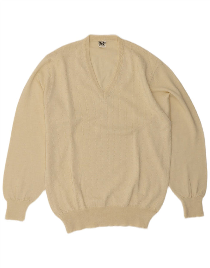 Suéter masculino vintage com decote em V IT 52 grande lã bege