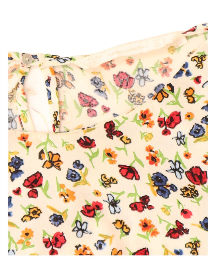 Blusa feminina manga 3/4 ZARA Reino Unido 10 pequena viscose floral branca