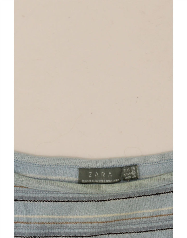 Zara Top curto feminino manga 3/4 Reino Unido 12 listrado azul médio