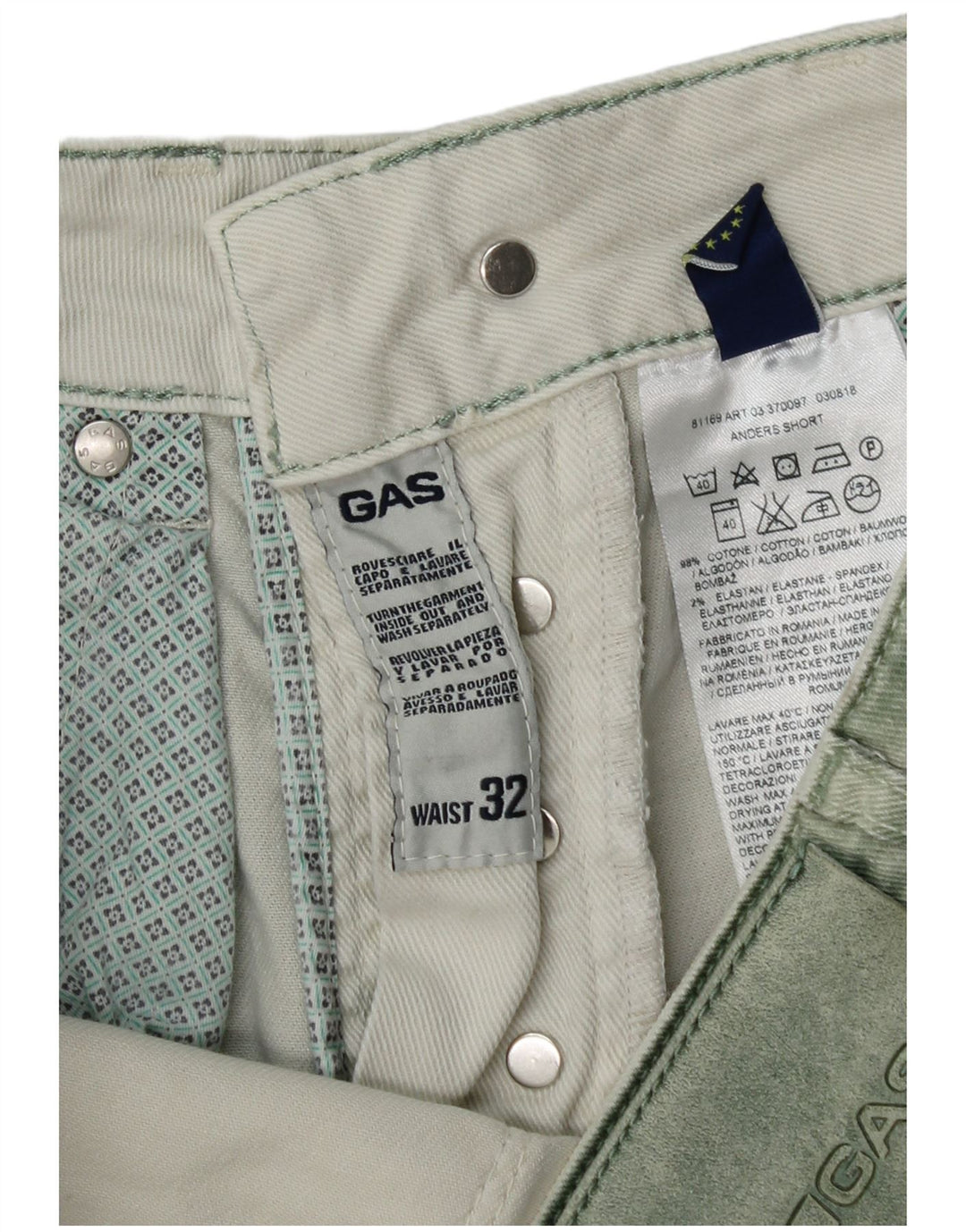 Shorts jeans masculino Gas W32 algodão verde médio