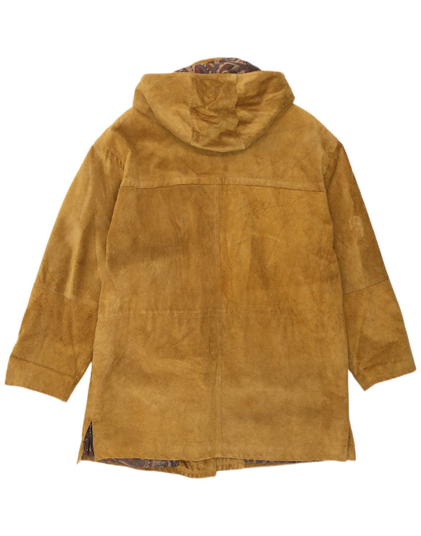 Casaco feminino vintage de camurça com capuz grande IT 50 XL couro marrom