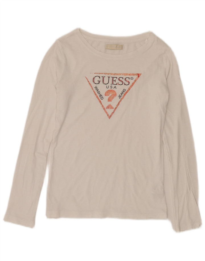 Guess Top gráfico feminino manga comprida Reino Unido 10 algodão branco pequeno