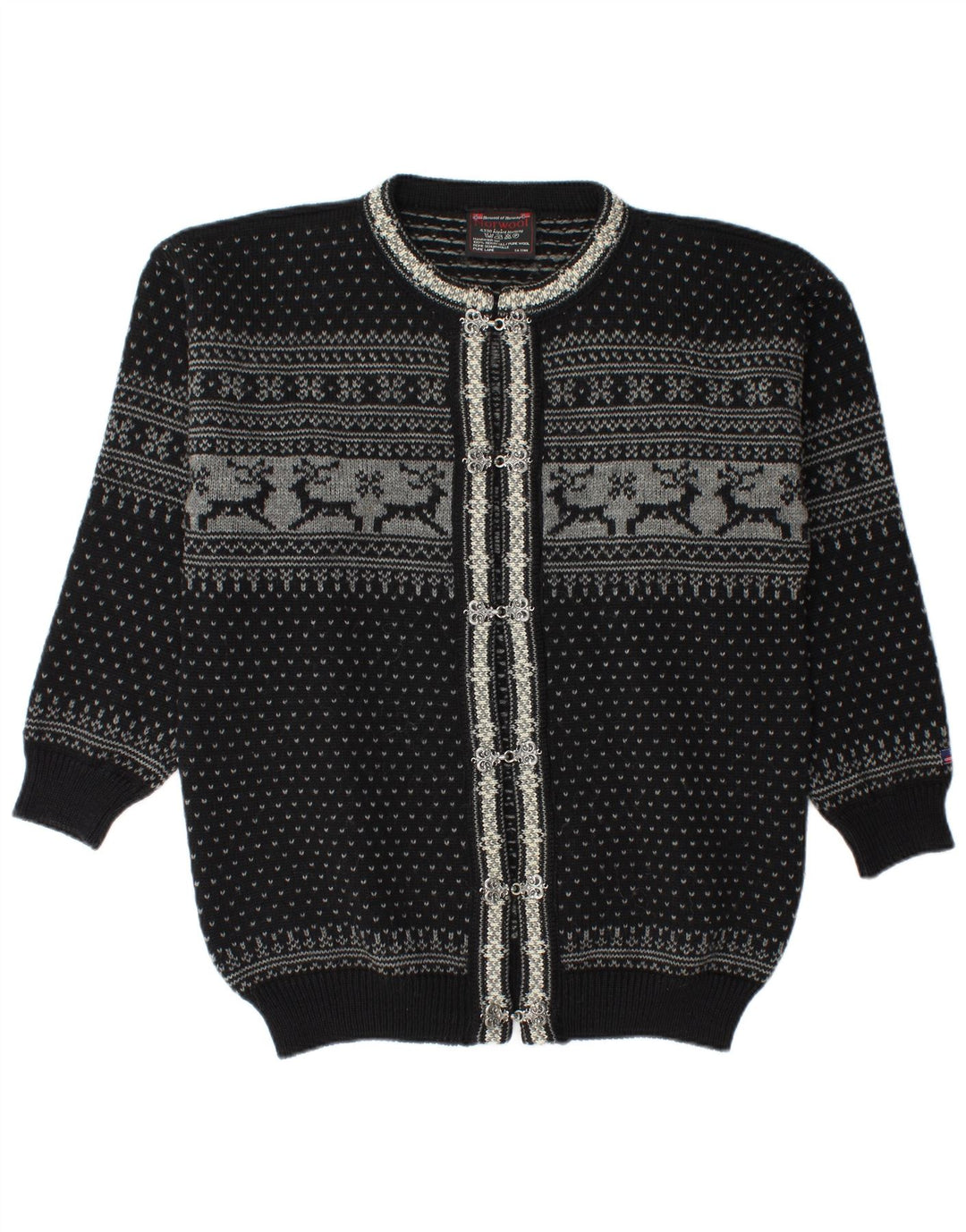 Suéter cardigã masculino Norwool médio preto Fair Isle New Wool
