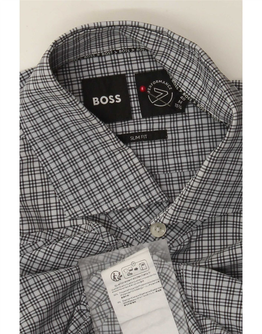 Camisa masculina Hugo Boss Slim Fit tamanho 40 15 3/4 médio azul xadrez poliamida