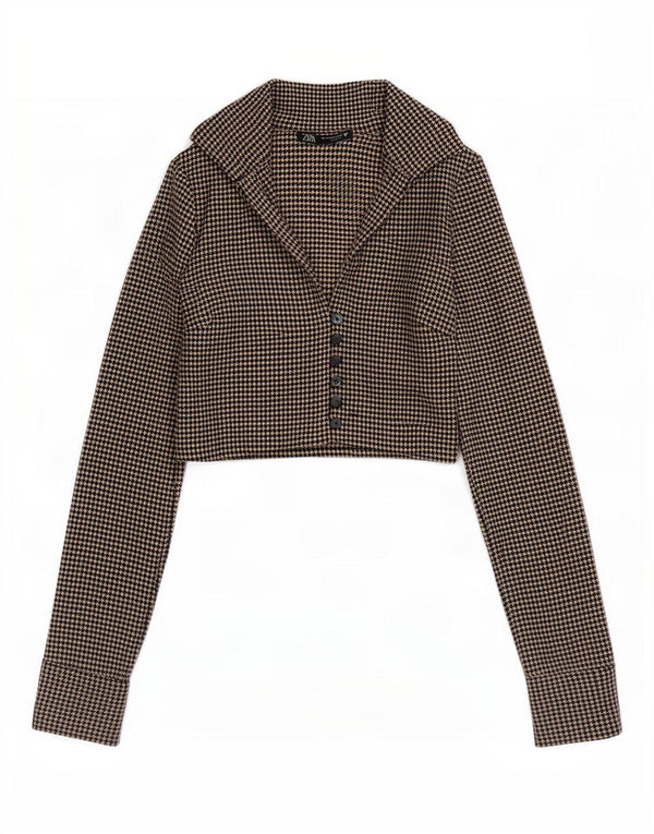 Blusa feminina Zara Crop Shirt Reino Unido 6 XS Marrom Houndstooth Poliéster