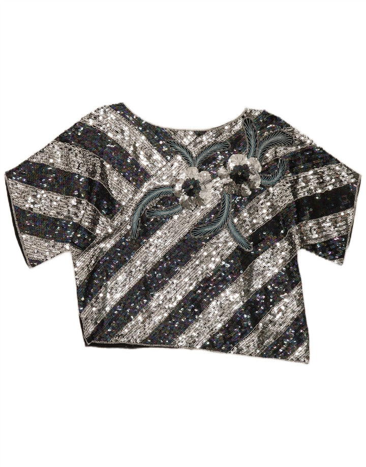 Blusa feminina vintage cropped gráfica EU 40 seda listrada preta média