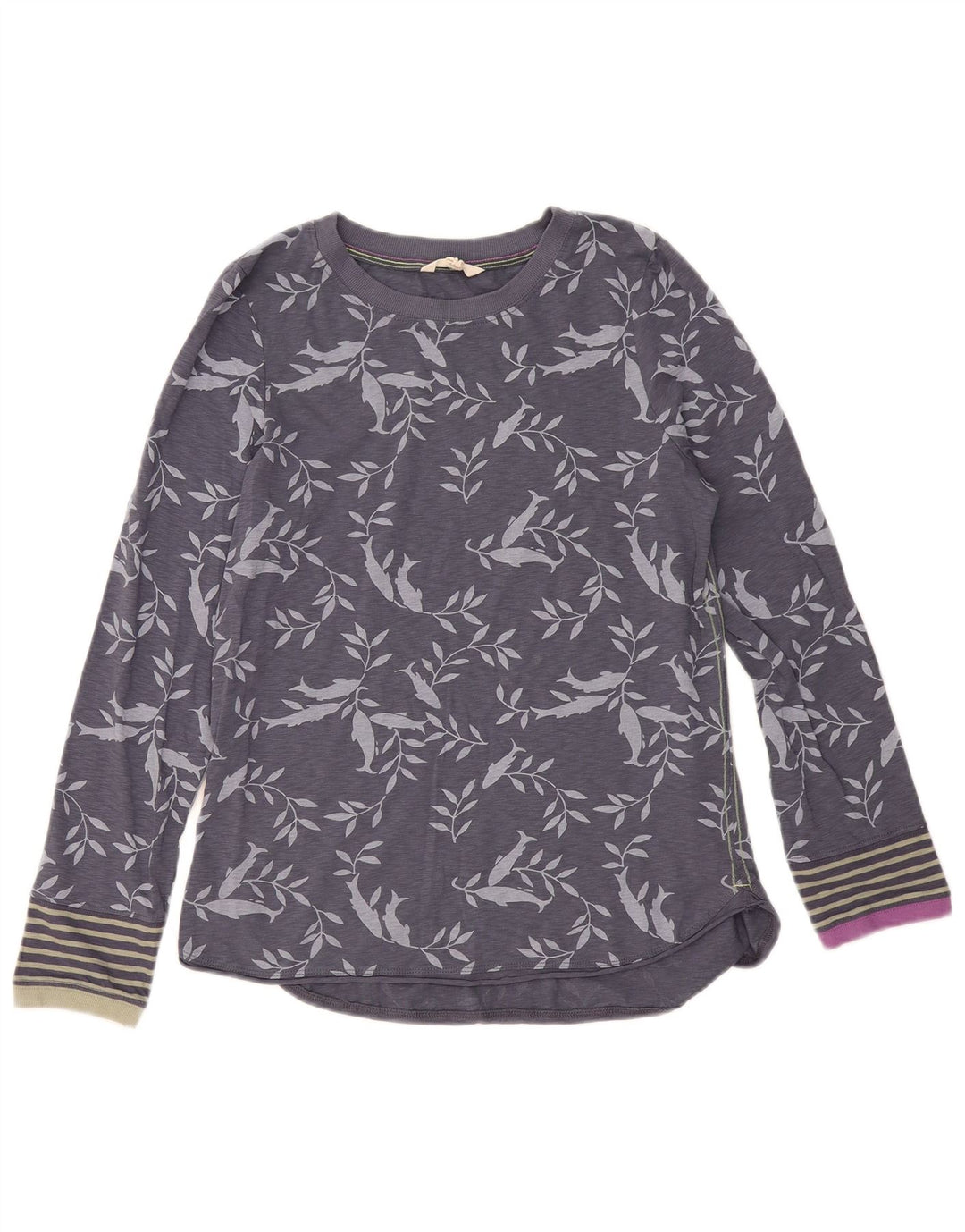 Top feminino White Stuff manga comprida UK 12 algodão floral cinza médio