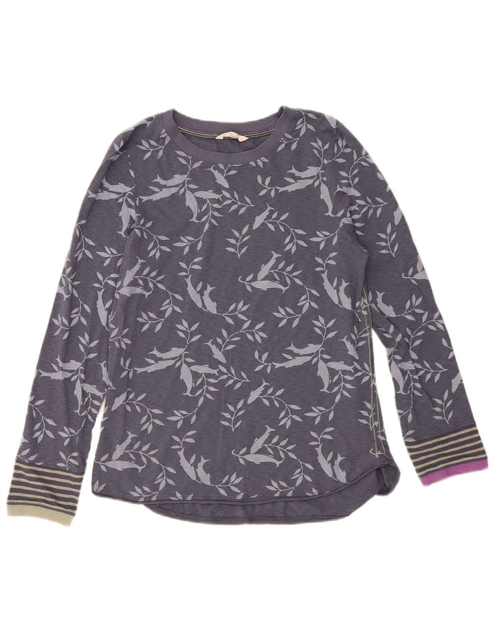 Top feminino White Stuff manga comprida UK 12 algodão floral cinza médio