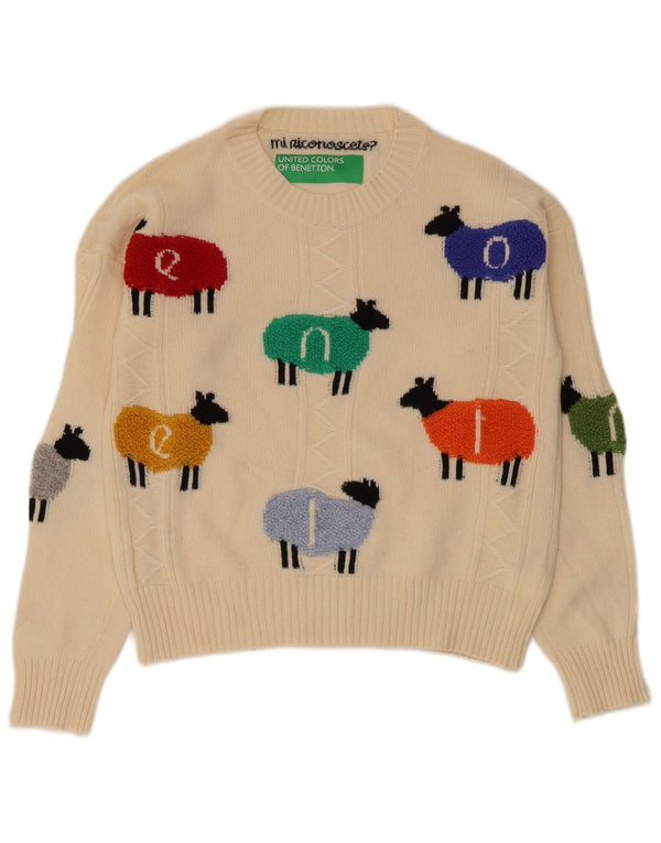 Suéter feminino Benetton com gola redonda UK 10 pequeno bege estampa animal