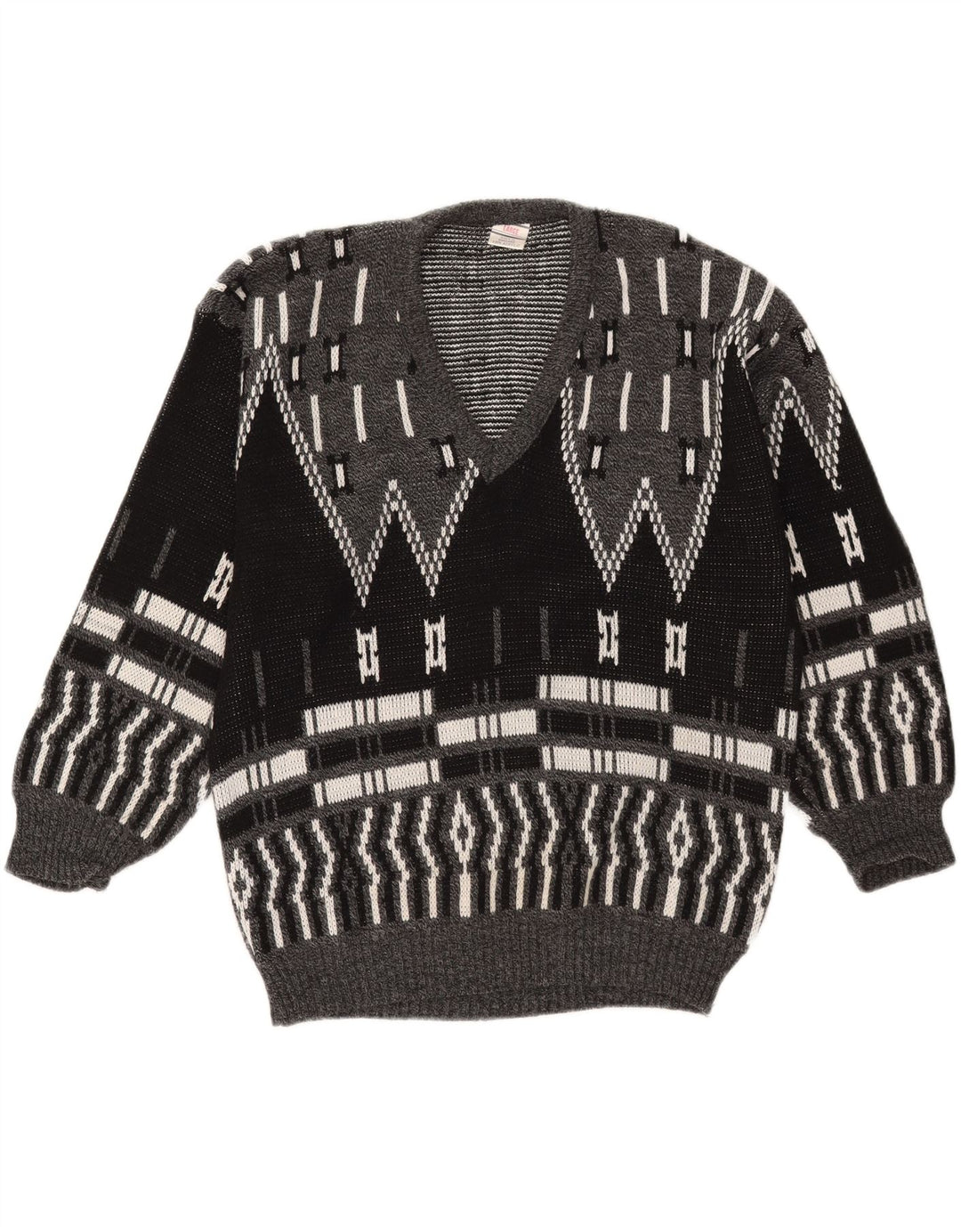VINTAGE Mens V-Neck Jumper Sweater Large Grey Geometric Acrylic Vintage Vintage and Second-Hand Vintage from Messina Hembry 