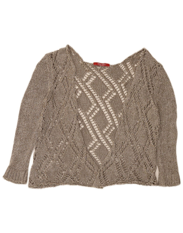 Suéter cardigã feminino vintage manga 3/4 Reino Unido 14 grande marrom manchado