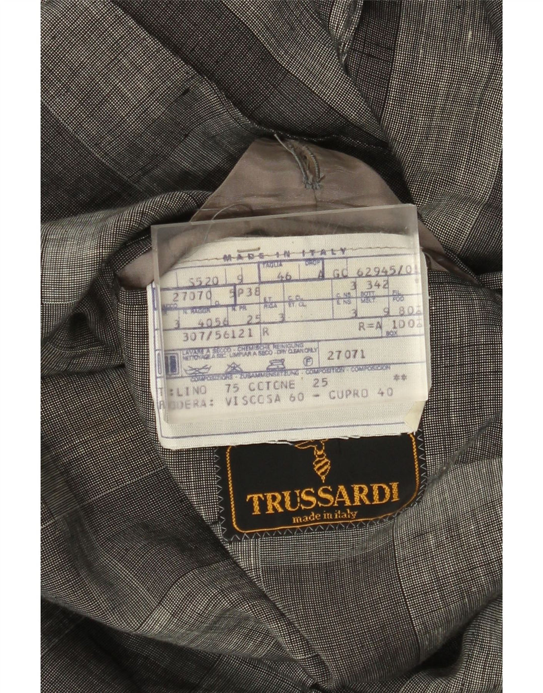 Jaqueta blazer masculina Trussardi com 2 botões IT 46 linho xadrez cinza pequeno