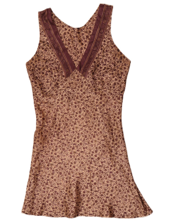 Vestido feminino vintage UK 10 pequeno floral marrom