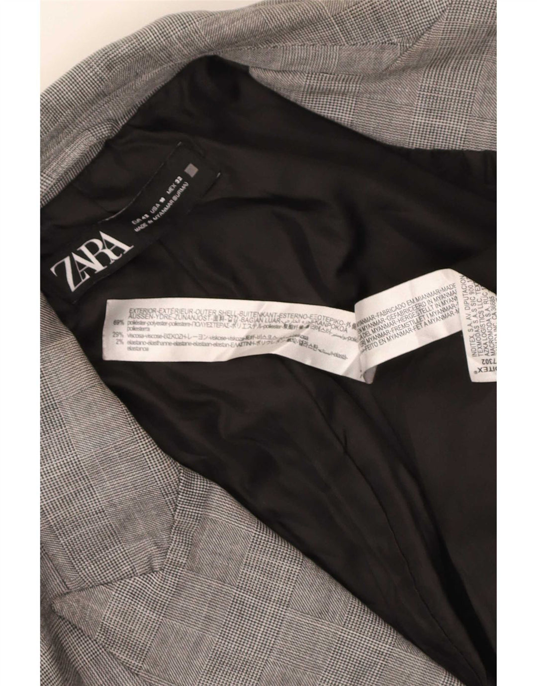 Jaqueta blazer feminina Zara com 1 botão EU 42 poliéster xadrez cinza grande