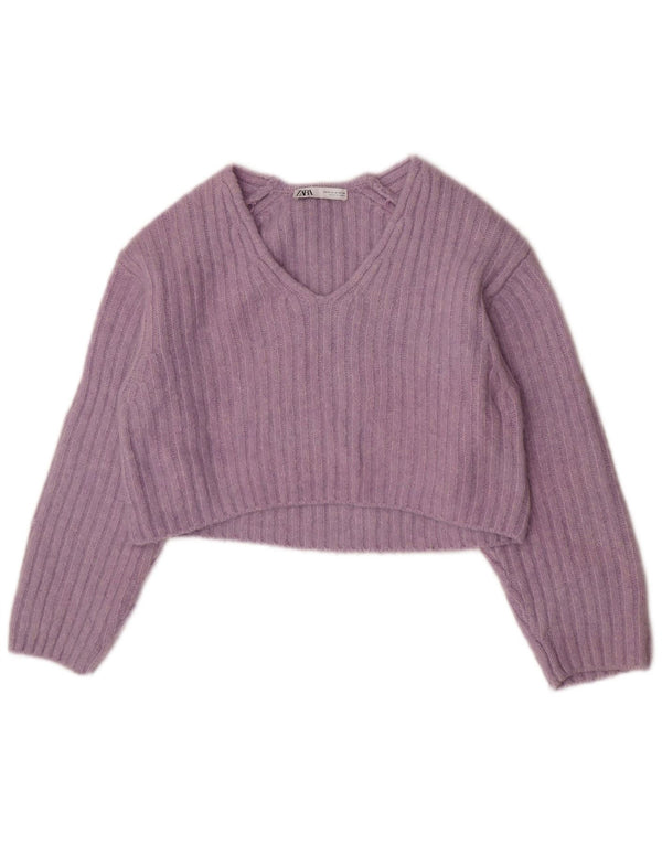 Suéter feminino Zara com decote em V e gola V UK 14 poliéster roxo médio